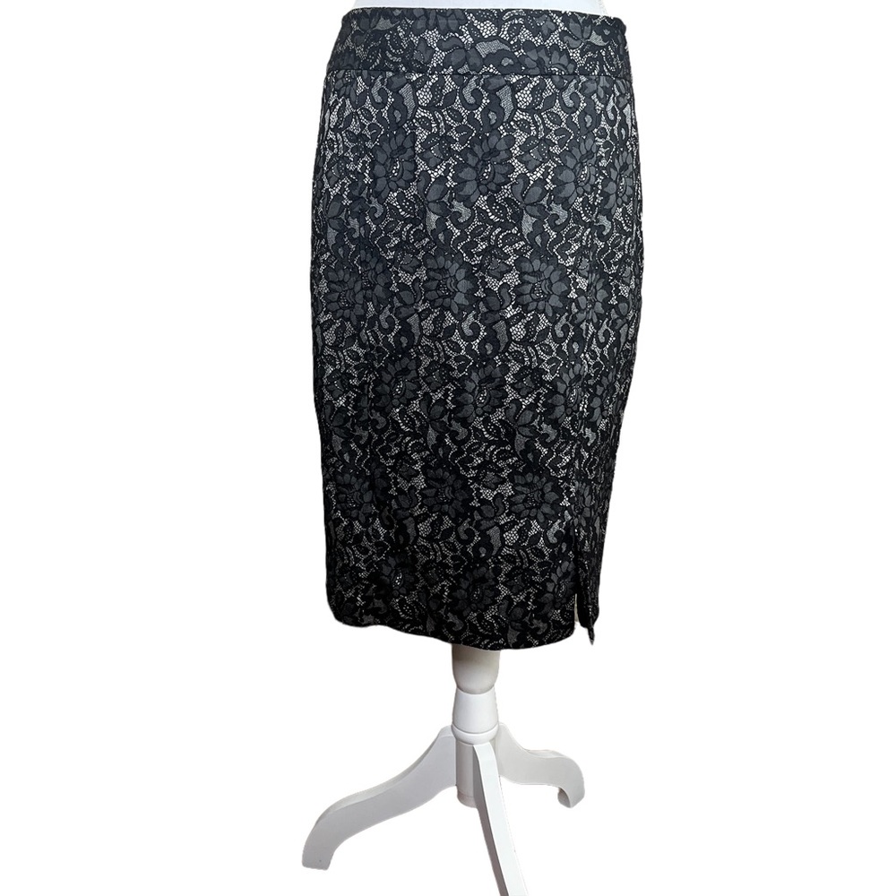 WORTHINGTON A-Line Skirt Black Floral Lace Print Overlay